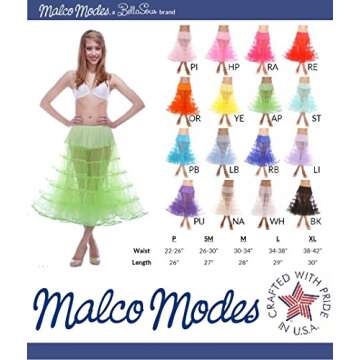 Malco Modes Melonie Luxury Crinoline Petticoat with Organza Binding & Adjustable Waist and Length for Rockabilly 50s, Everyday Wear (X-Large, Black)