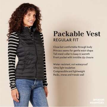 Amazon Essentials Women's Lightweight Water-Resistant Packable Puffer Vest, Black, Small