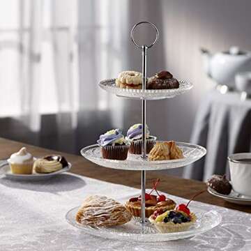 Royalty Art 3-Tiered Serving Stand (Glass) Beautiful, Elegant Dishware Serve Snacks, Appetizers, Cakes, Candies Durable, Reusable Party or Holiday Hosting (Silver) (1) (1)