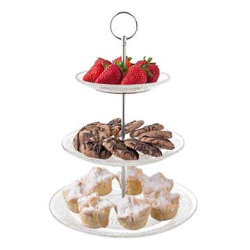 Royalty Art 3-Tiered Serving Stand (Glass) Beautiful, Elegant Dishware Serve Snacks, Appetizers, Cakes, Candies Durable, Reusable Party or Holiday Hosting (Silver) (1) (1)