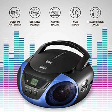 Tyler Portable Boombox CD Player AM/FM Radio Combo, Dynamic Boom Box CD Players for Home/Outdoor Portable Stereo with Speakers, Long Antenna for Best Reception Aux Input/3.5mm Headphone Jack, Blue