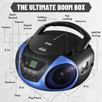 Tyler Portable Boombox CD Player AM/FM Radio Combo, Dynamic Boom Box CD Players for Home/Outdoor Portable Stereo with Speakers, Long Antenna for Best Reception Aux Input/3.5mm Headphone Jack, Blue