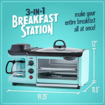 Nostalgia 3-in-1 Breakfast Station - Includes Coffee Maker, Non-Stick Griddle, and 4-Slice Toaster Oven - Versatile Breakfast Maker with Timer - Aqua