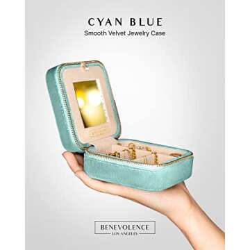 Benevolence LA Plush Velvet Jewelry Box | Travel Jewelry Case Organizer with Mirror | Featured in Oprah's Favorite Things | Best Gifts For Daughter, Girlfriend, Mom | Gifts For Her - Cyan