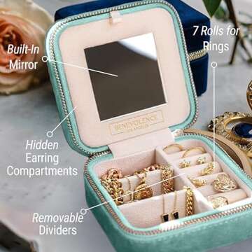 Benevolence LA Plush Velvet Jewelry Box | Travel Jewelry Case Organizer with Mirror | Featured in Oprah's Favorite Things | Best Gifts For Daughter, Girlfriend, Mom | Gifts For Her - Cyan