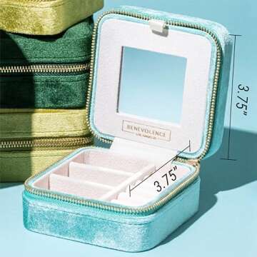 Benevolence LA Plush Velvet Jewelry Box | Travel Jewelry Case Organizer with Mirror | Featured in Oprah's Favorite Things | Best Gifts For Daughter, Girlfriend, Mom | Gifts For Her - Cyan