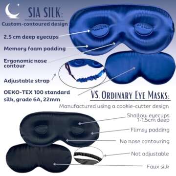 Sia Silk Sleep Mask with Eye Cups – No-Pressure 3D Eye Covers for Sleeping with Eyelash Extensions – Made of Thick Memory Foam – Adjustable, Blackout Silk Eye Sleep Mask for Women & Men -Navy