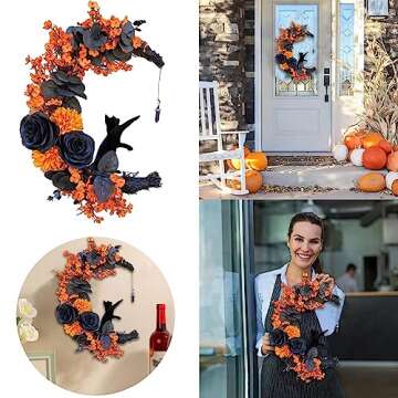 Pacoco Halloween Wreaths Decor for Front Door, 13.77" Halloween Moon Wreath with Black Cat Wood Wreath Halloween Wreath Horror Decorations for Home Party Window Wall Indoor Outdoor (03)