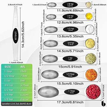 Urbanstrive Magnetic Measuring Spoons Set Stainless Steel, Dual Sided for Liquid Dry Food, Measuring Cups Spoons Set Fits in Spice Jar, Kitchen Gadgets, Cooking Utensils Set, Including Leveler, Silver