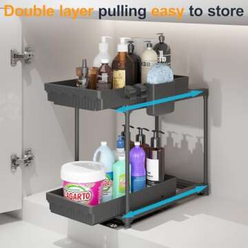 Sevenblue 2 Pack Double Sliding Under Sink Organizers and Storage, 2 Tier Under Bathroom Cabinet Shelf Organizer with Hooks Hanging Cup, Home Organization, Black