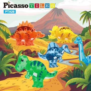 PicassoTiles Magnet Tile Dinosaur Action Figure Playset Mix or Match Compatible Prehistoric Parts STEM Magnetic Tiles for Creative Building Imaginative Educational Pretend Play Toddlers Ages 3+ PTA28