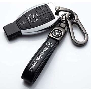 Genuine Leather Car Key Chain Compatible for Mercedes Benz AMG A-Class C-Class E-Class S M CLS CLK GLE GLC GLS GLE Keyring Keychain Accessories Family Present(Black)