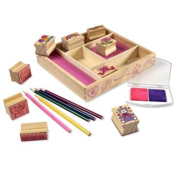 Melissa & Doug Wooden Stamp Set: Friendship - 9 Stamps, 5 Colored Pencils, and 2-Color Stamp Pad - FSC Certified