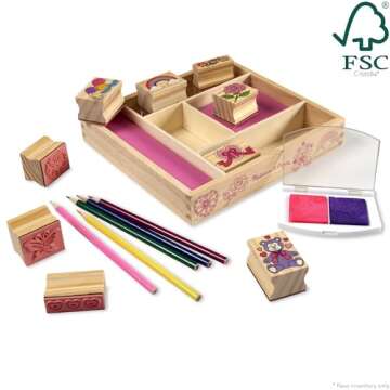 Melissa & Doug Wooden Stamp Set: Friendship - 9 Stamps, 5 Colored Pencils, and 2-Color Stamp Pad - FSC Certified