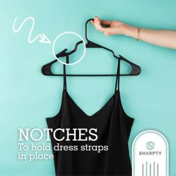 Sharpty Plastic Hangers Clothes Hangers for Clothing, Closet, Coats & Shirts - Notched, Durable, Thick, Tough & Space Saving - for Everyday Standard Use, Room Essentials & Basics - 50 Pack - Black