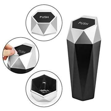 OUDEW Car Trash Can with Lid, New Car Dustbin Diamond Design, Leakproof Vehicle Trash Bin, Mini Garbage Bin for Automotive Car, Home, Office, Kitchen, Bedroom, 2PCS (Silver)