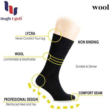 Hugh Ugoli Wool Socks for Women & Thick, Snow, Cold Weather, Warm Winter Crew Socks, Soft, Comfy, Cozy Boot Socks, Comfort Seam & Non Binding, 3 Pairs, Ecru, Shoe Size: 6-9