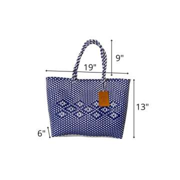 Dallas Hill Designs Handwoven Super Tote Bag for Women | Recycled Plastic Shoulder Purse | Summer Beach, Pool, and Travel Handbag (Navy & White)