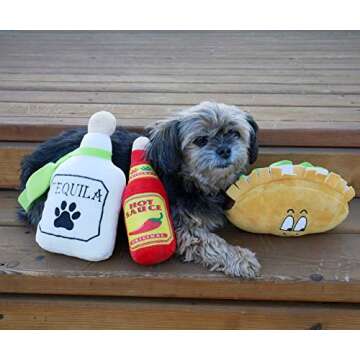 Baja Ponchos 4 Pack Fiesta Dog Chew Toys and Sombrero - Mexican Squeak Plush Toys - Dog Gifts for Chihuahuas - Taco - Tequila - Hot Sauce - for All Breeds