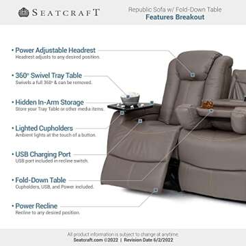 Seatcraft Republic Italian Leather Home Theater Furniture, Living Room, Power Headrest, Power Recline (Sofa with Fold-Down Table, Gray)