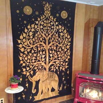 Your Spirit Space (TM Black/Gold Good Luck Elephant Tapestry-Tree of Life. Quality Home or Dorm Hippie Wall Hanging. The Ultimate Bohemian Tapestry Decoration