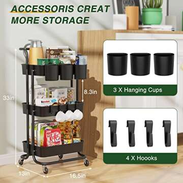 3-Tier Rolling Mobile Utility Cart with Hanging Cups & Hooks & Handle Multifunctional Organizer Storage Trolley Service Cart with Wheels Easy Assembly for Office, Bathroom, Kitchen (Black)