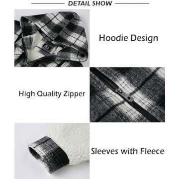 SCODI Men's Flannel Shirt Jacket Fleece Sherpa Lined Plaid Jackets Coat Full Zip Up Hoodie Winter Outwear Black Medium