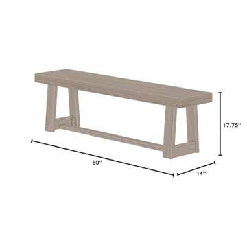 Plank+Beam 60 Inch Farmhouse Dining Bench, Solid Wood Entryway Bench, Wooden Outdoor Bench, Kitchen Dining Seat, Dining Room, Home Office, Living Room Furniture, Easy Assembly, Seashell Wirebrush