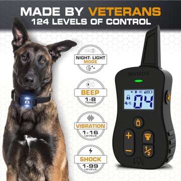 INVIROX Shock Collar for Dogs [Ultra K9] 124 Training Levels, 4 Powerful Modes with Night-Light and ¾ Mile Range 100% Safe Dog Training Collar for Large Dogs IP67 Waterproof E Collar