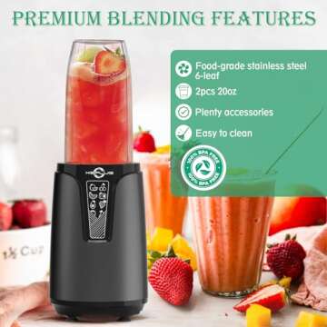 Portable Blender for Shakes and Smoothies, 850W Personal Blenders for Kitchen with 6 Fins Blender Blade,Smoothie Blender with 2 * 20oz To-Go Cup，Countertop Blender for Fruit Protein Drink Baby Food