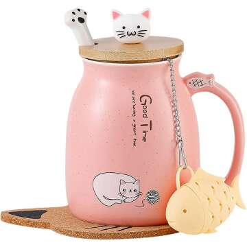 BigNoseDeer Cute Cat Mug Set: Ceramic Coffee Cup with Kitty Lid