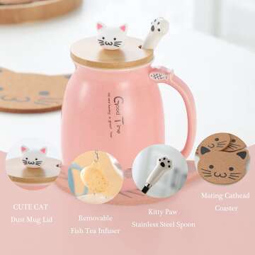 Cute Cat Mug Set with Kitty Lid, Spoon & Coaster