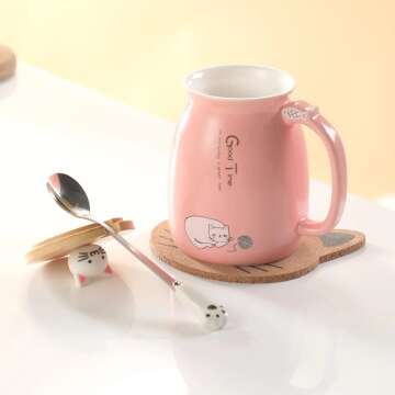 Cute Cat Mug Set with Kitty Lid, Spoon & Coaster