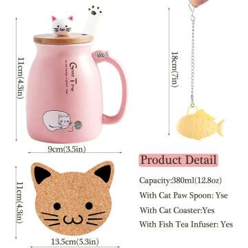 Cute Cat Mug Set with Kitty Lid, Spoon & Coaster