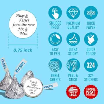 324 Hugs and Kisses from The New Mr. & Mrs. Kiss Wedding Stickers, Chocolate Drops Labels Stickers for Weddings, Bridal Shower Engagement Party Decorations, Kisses Favors Decor. Made in USA