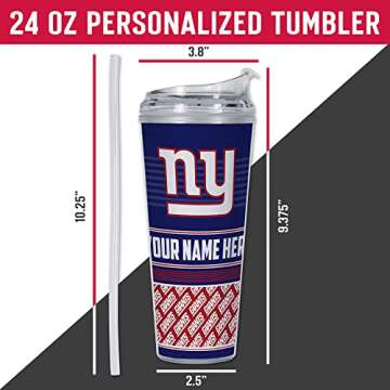 Rico Industries NFL Football New York Giants 24oz Personalized Tumbler W/Hinged Lid - Team Colored Travel Tumbler - Keeps Drinks Cold or Hot