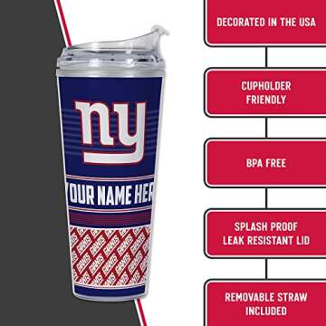 Rico Industries NFL Football New York Giants 24oz Personalized Tumbler W/Hinged Lid - Team Colored Travel Tumbler - Keeps Drinks Cold or Hot