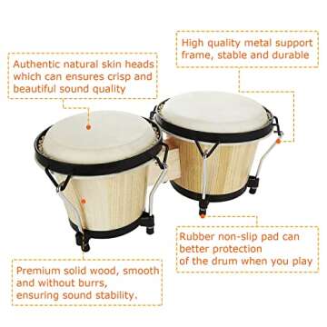 Bongo Drums 2 Set 6" and 7" Drum Set Bongos for Adults, Musical Latin Percussion Instruments Traditional Wood Bongos with Tuning Wrench