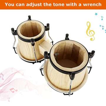 Bongo Drums 2 Set 6" and 7" Drum Set Bongos for Adults, Musical Latin Percussion Instruments Traditional Wood Bongos with Tuning Wrench