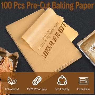 100Pcs Parchment Paper Sheets, 9x13 In Unbleached Parchment Paper for Baking Grilling Air Fryer and Steaming, Precut Non-Stick Parchment Baking Sheets in Quarter Size for Bread Cakes Cookies Kovpnor