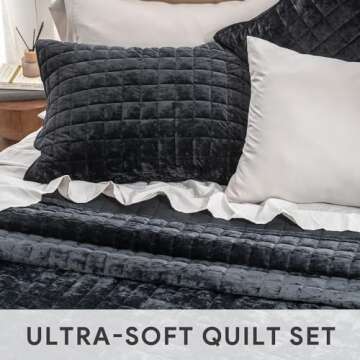 RECYCO Luxury Velvet Quilt King Size, Ultra Soft Velvet Bedding Sets, Lightweight Quilted Velvet Comforter Set, Channel Stitch Oversized Bedspread Coverlet with 2 Pillow Shams, Black