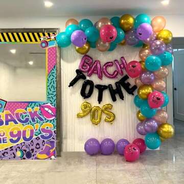 Back to The 90s Photo Booth Props for Party Decorations 1990s Throwback Theme Party Decoration Colorful 90s Birthday Picture Booth Frame Backdrop for Hip Hop Disco Rock and Roll Party Supplies 39x71in