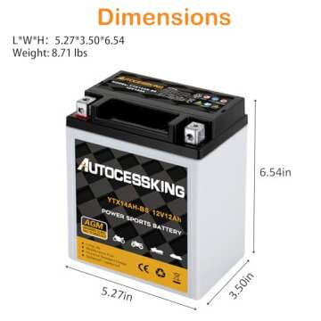 Autocessking YTX14AH-BS 12V 12Ah Maintenance-Free AGM Battery for Powersport Vehicles