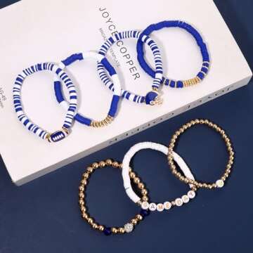 Game Day Bracelets for Women Football Bracelets Red Black Blue Heishi Clay Beaded Stretch Bracelets Stackable Sports Football Charm Bracelet Bangles Football Mom Accessories Outfits Jewelry Gifts (Blue)