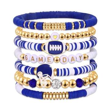 Game Day Bracelets for Women Football Bracelets Red Black Blue Heishi Clay Beaded Stretch Bracelets Stackable Sports Football Charm Bracelet Bangles Football Mom Accessories Outfits Jewelry Gifts (Blue)