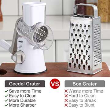 Geedel Rotary Cheese Grater, Kitchen Mandoline Vegetable Slicer with 3 Interchangeable Blades, Easy to Clean Rotary Grater Slicer for Fruit, Vegetables, Nuts