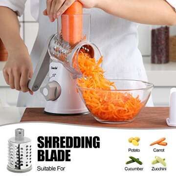 Geedel Rotary Cheese Grater, Kitchen Mandoline Vegetable Slicer with 3 Interchangeable Blades, Easy to Clean Rotary Grater Slicer for Fruit, Vegetables, Nuts