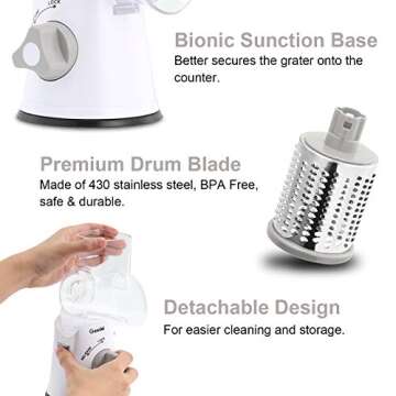 Geedel Rotary Cheese Grater, Kitchen Mandoline Vegetable Slicer with 3 Interchangeable Blades, Easy to Clean Rotary Grater Slicer for Fruit, Vegetables, Nuts