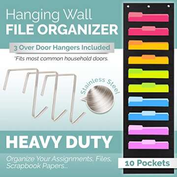 Black Pocket Chart for Classroom - 10 Pocket Storage Rainbow Pocket Charts , 2 Over Door Hangers Included, Hanging Wall File Organizer for File Folders, School Mailbox, Home/Office Papers