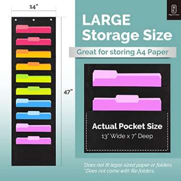 Black Pocket Chart for Classroom - 10 Pocket Storage Rainbow Pocket Charts , 2 Over Door Hangers Included, Hanging Wall File Organizer for File Folders, School Mailbox, Home/Office Papers